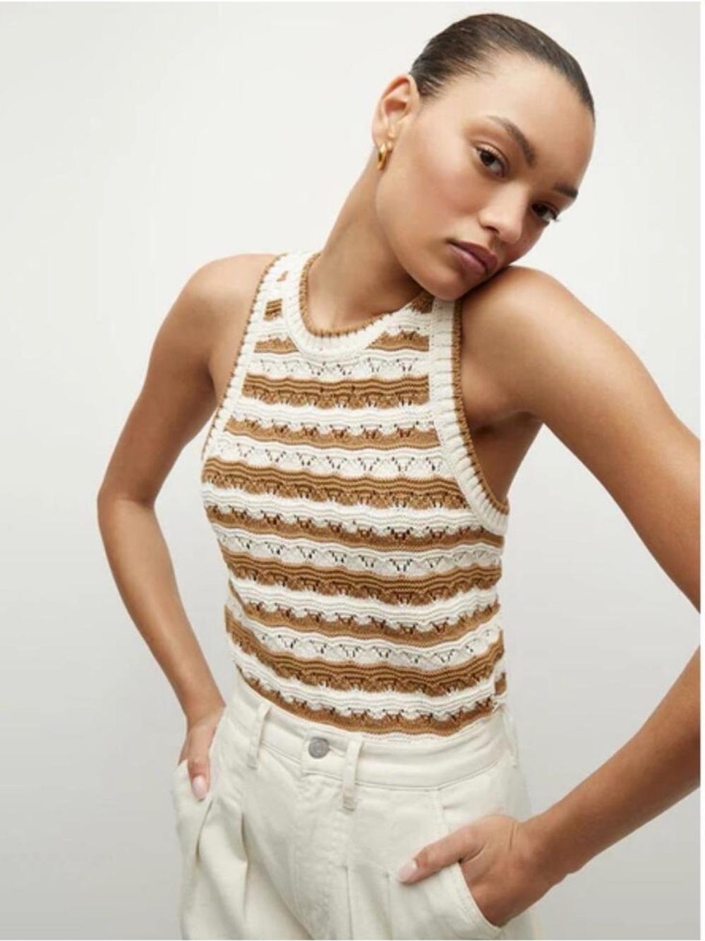 Veronica Beard Jerrel Striped Knit Tank Desert Khaki M